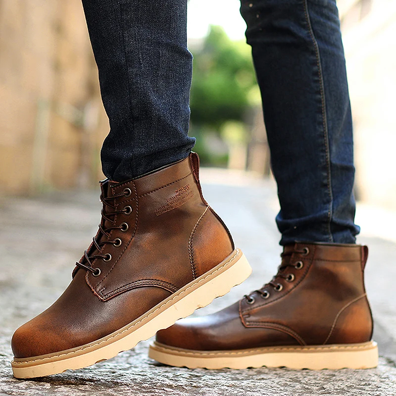 Зимние классические модные мужские кожаные ботильоны мотоциклетные меховые