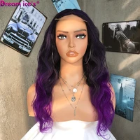 synthetic body wave t part 41 lace wig middle part long black purple color heat resistant fiber cosplay for women dream ices