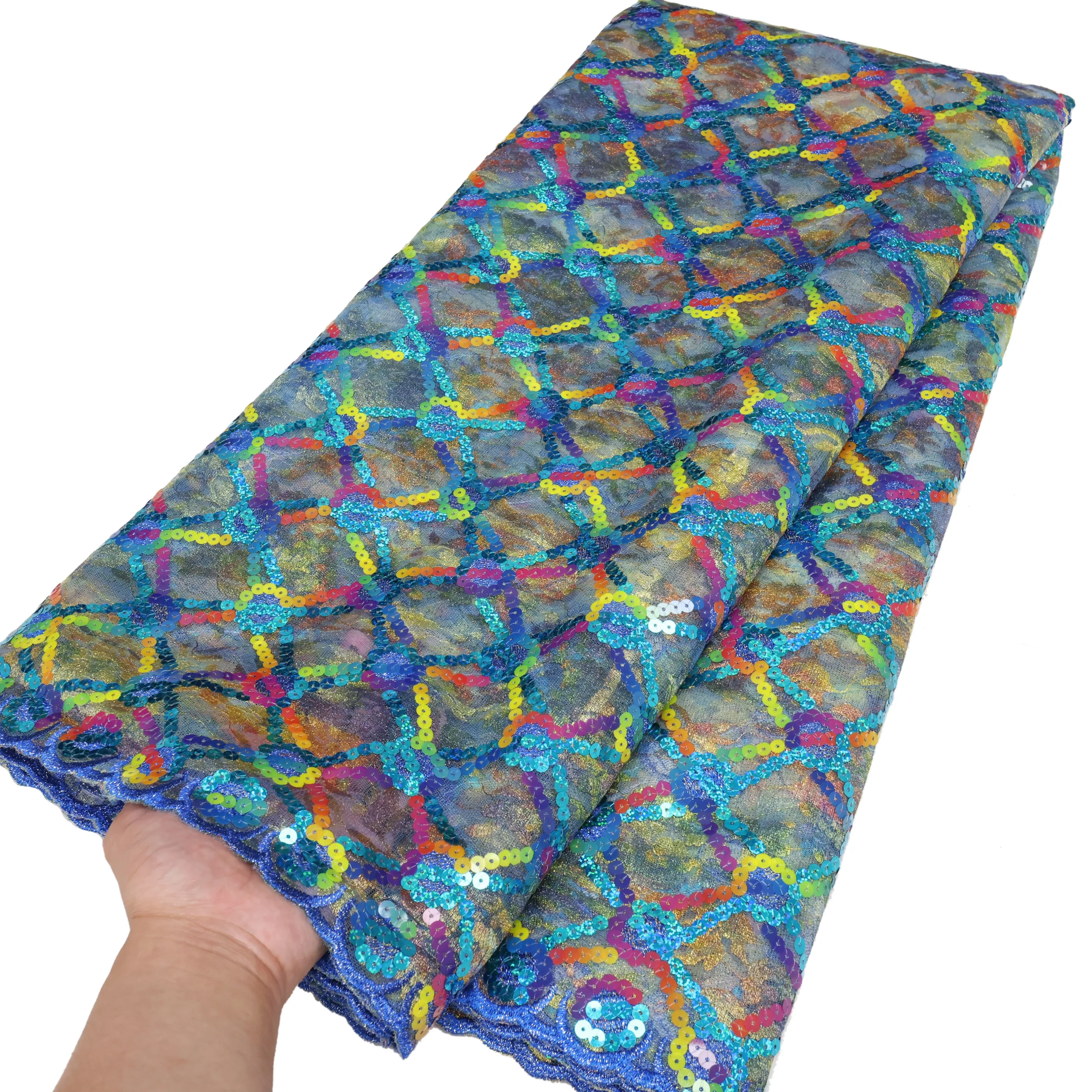 Новейшая африканская кружевная ткань с принтом, 5 ярдов, нигерийские французские блестки, тюль, строчка для швейцарского платья Duabi Новейшая африканская кружевная ткань с принтом, 5 ярдов, нигерийские французские блестки, тюль, строчка для швейцарского платья Duabi