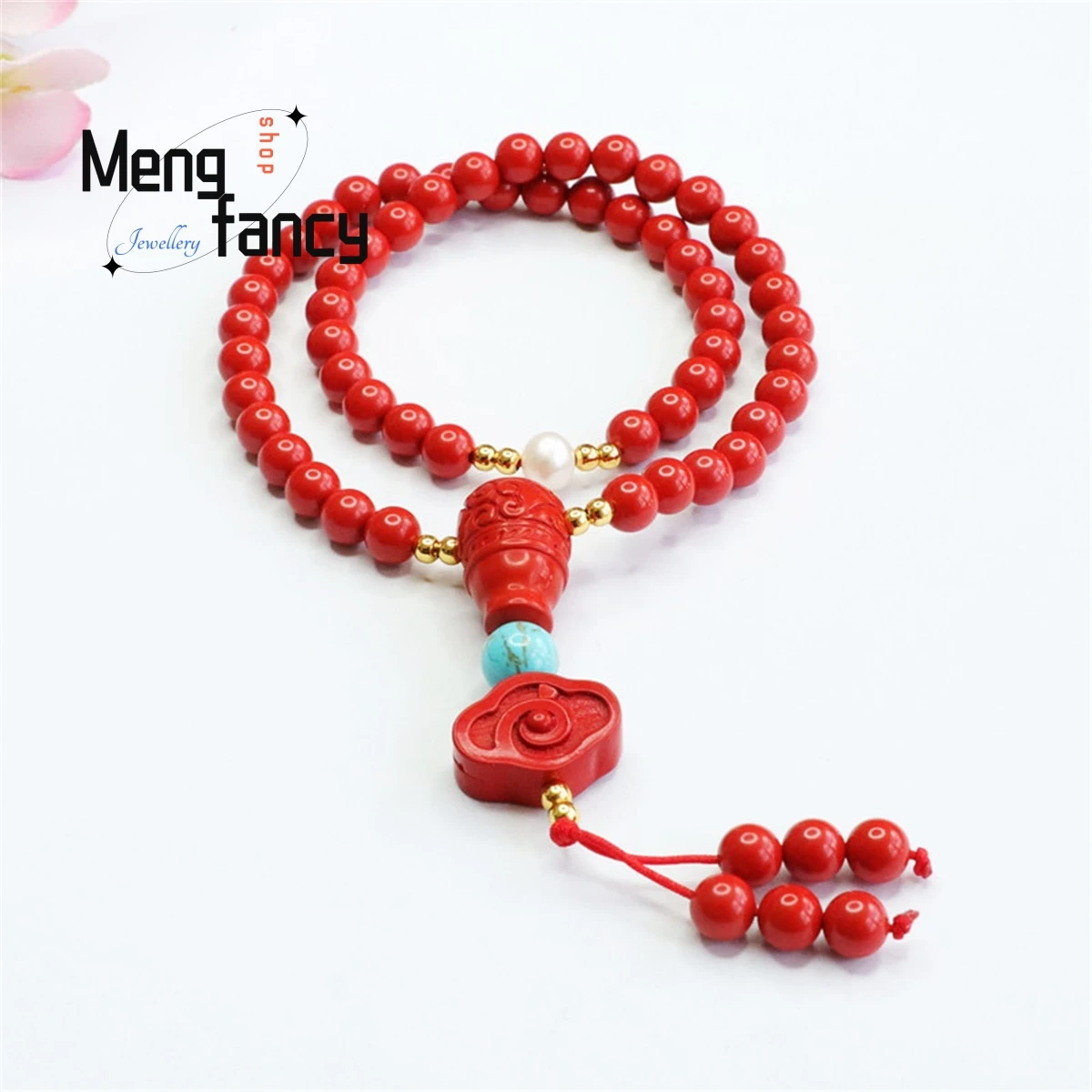 

Natural Red Cinnabar Double-ring Gourd Auspicious Cloud Tassel Beads Bracelet Simple Generous Personality Retro Women Fine Gift