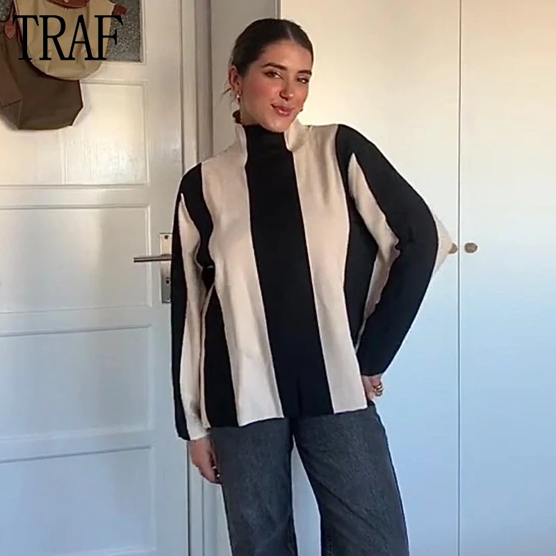 

TRAF 2023 Striped Sweaters for Women Turtleneck Knitted Sweater Woman Long Sleeve Retro Women's Sweater Casual New Knitwears