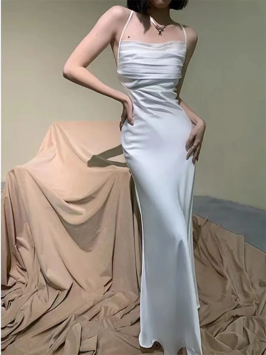 

Satin Long Dress Women Summer 2023 New Elegant Party Sexy Luxury Solid Evening Slim Dresses Female Bodycon Korean Clothes