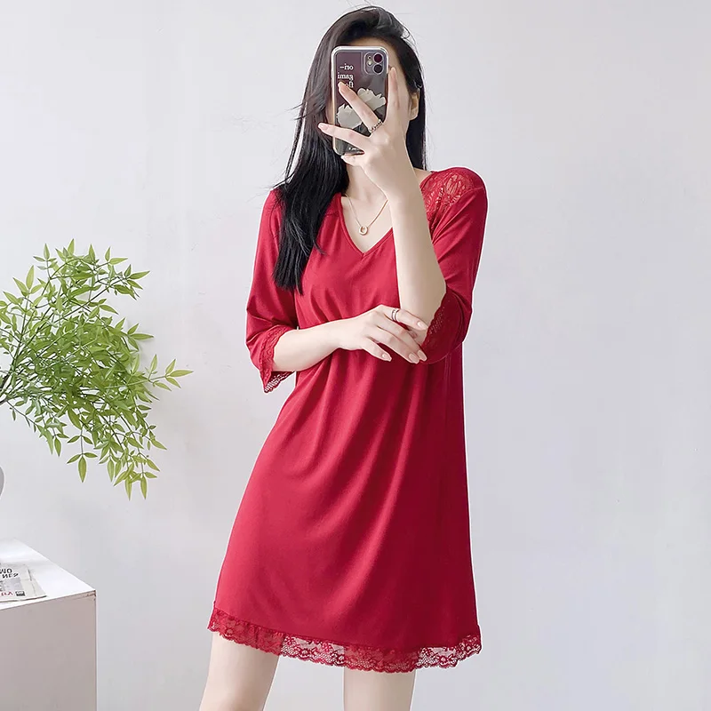 Summer Sexy Pajamas With Chest Pads Modal Nightdress, Lace Trim With Cropped Sleeves, Plus-Size Outerwear For Women's Loungewear