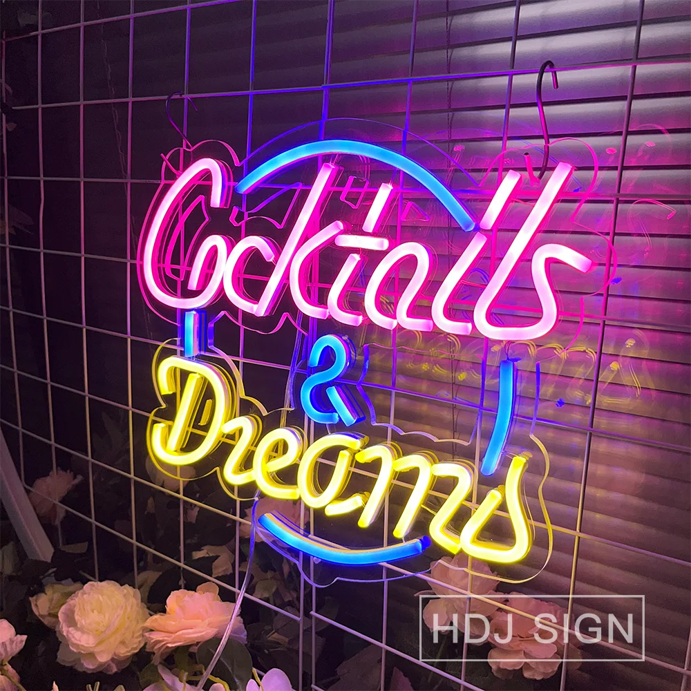 Неоновая светодиодсветодиодный надпись с логотипом коктейлей и мечт Настенный