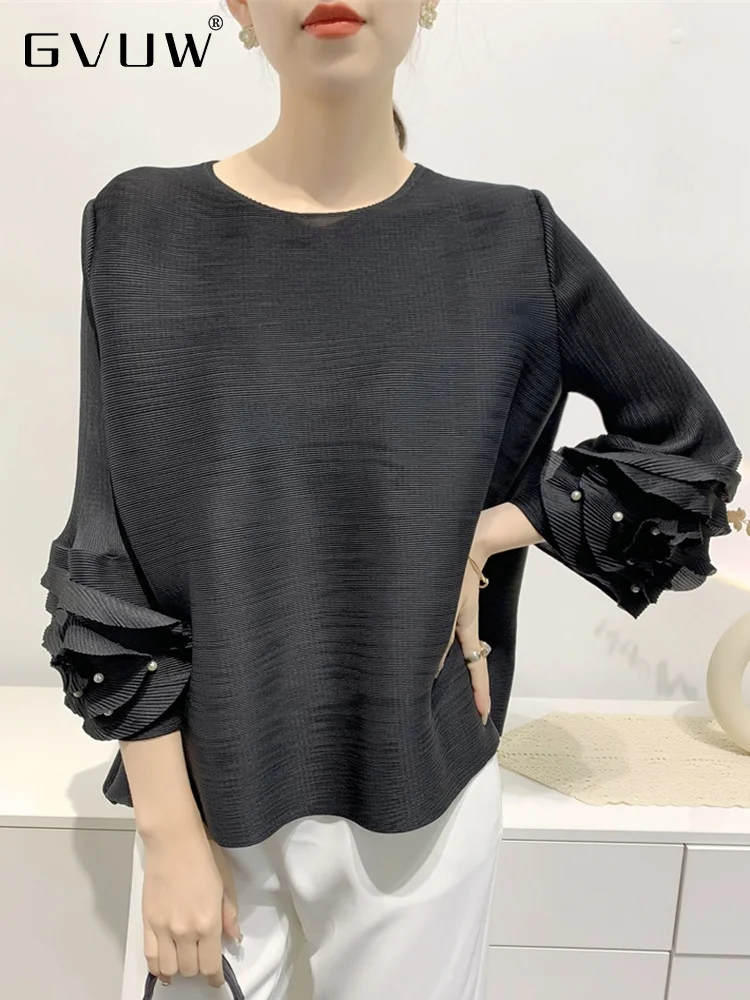

GVUW Pleated Three Quarter Sleeve T-shirts For Women Beading Appliques O-neck Solid Female Casual 2023 Summer New Tops 17J1458