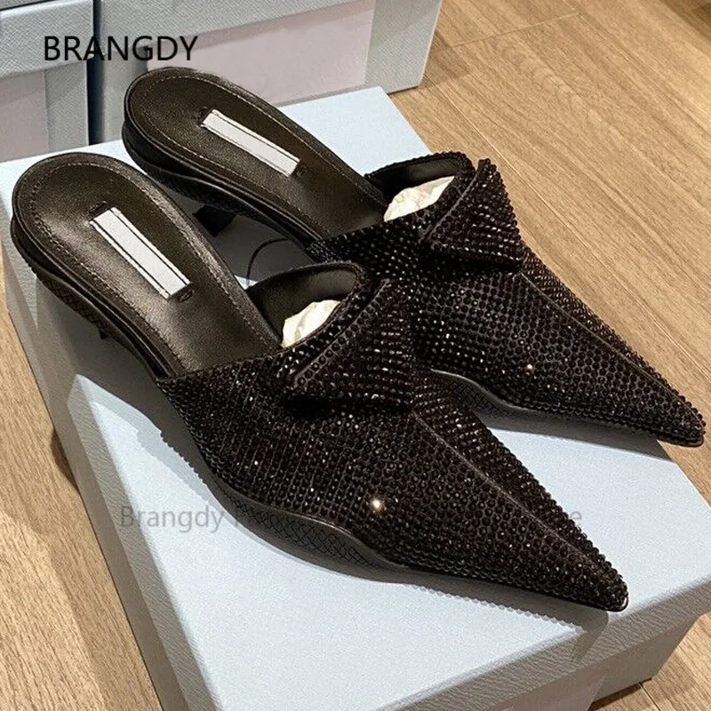 

2022 Diamond Leather Kitten-Heel Slingback Pumps Pointed Toe Nylon Gabardine Slippers Woman Party Wedding Slip-on Sandals Mules