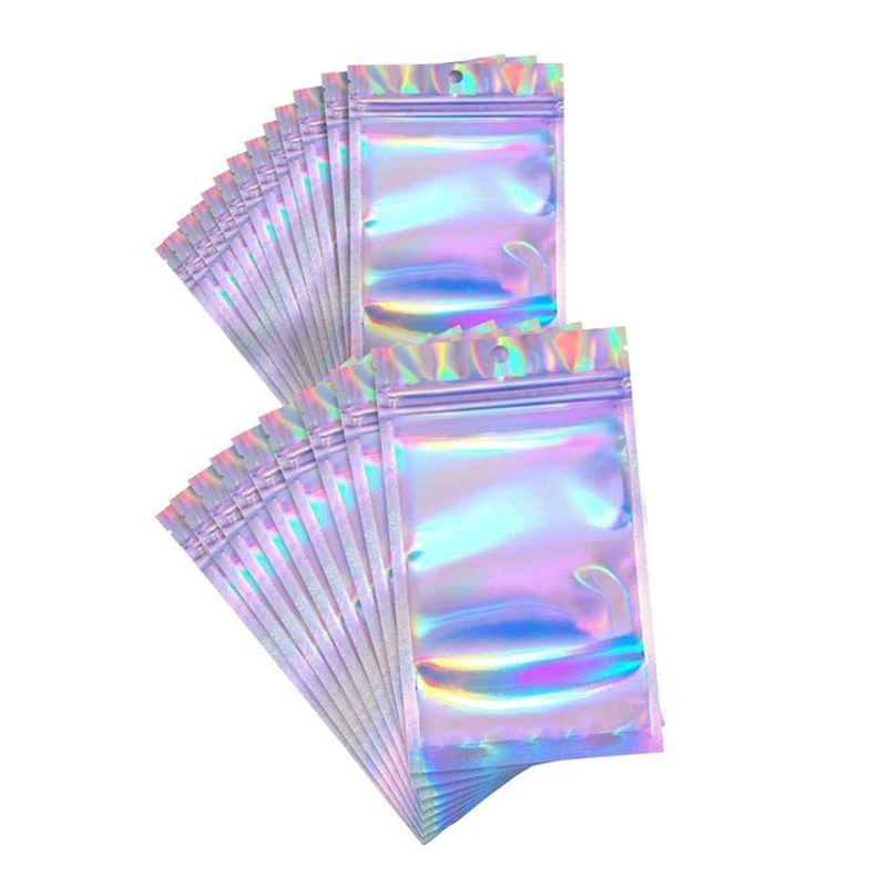 

100 Pcs Holographic Bags Resealable Sealed Bags For Party Favor Food Storage (Holographic Color, 4X6 Inch And 7X10 Inch)