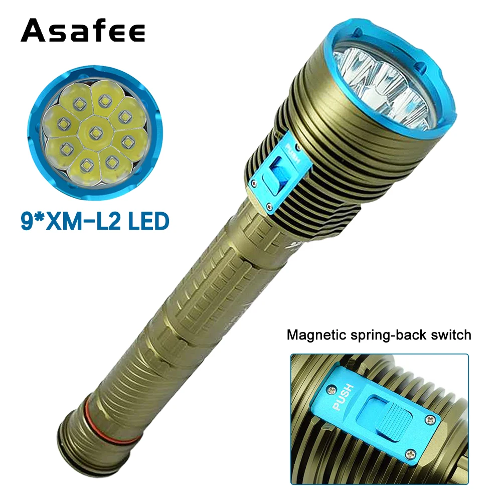 

Asafee DX9 L2 LED Yellow Light 100M Underwater Diving Flashlight 5000LM 100M Range Torch Waterproof 18650 Battery Lantern