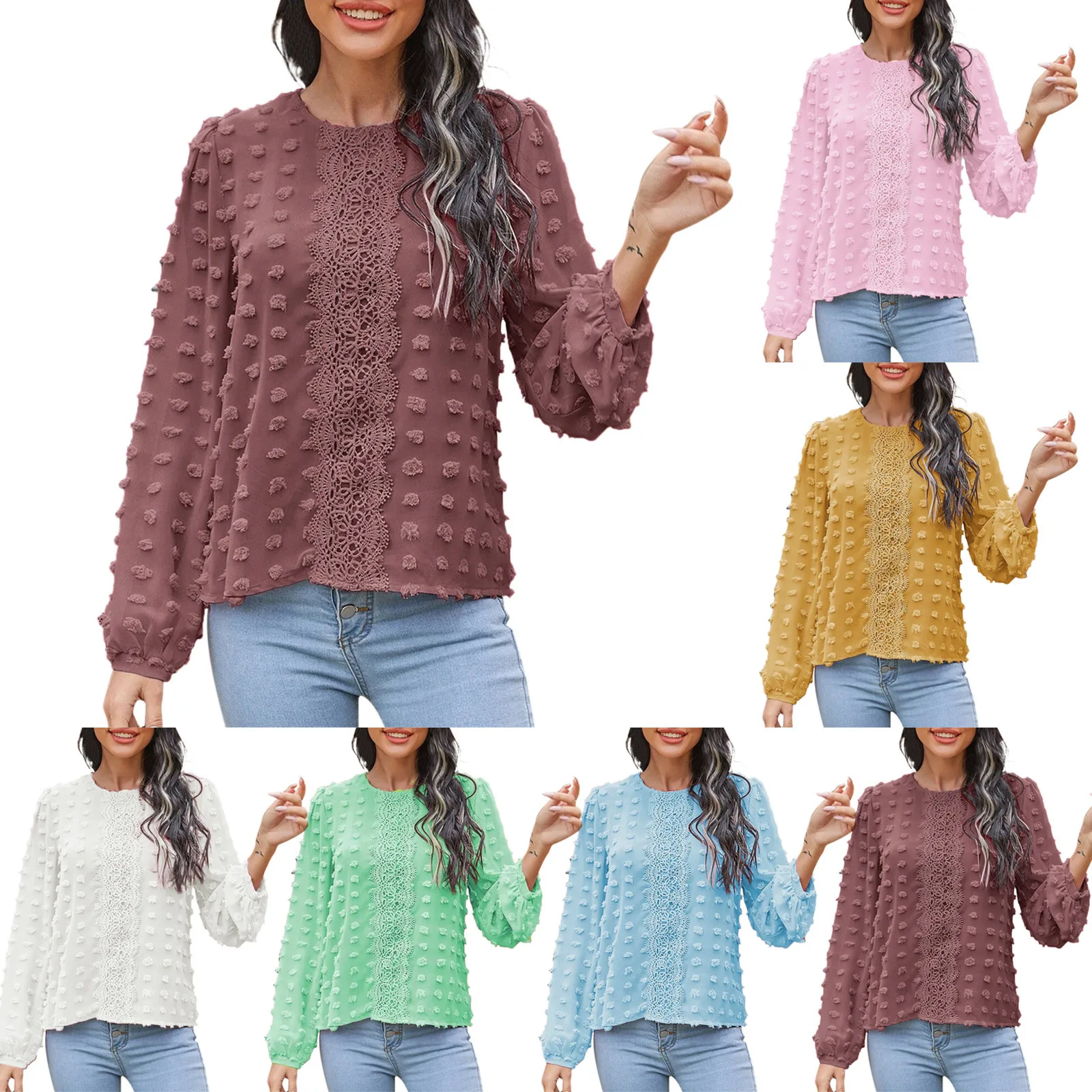 

Женские рубашки с круглым вырезом, блузка с длинным рукавом, рубашки с пуговицами, рубашки с отворотом, прозрачные рукава, повседневные Прос...