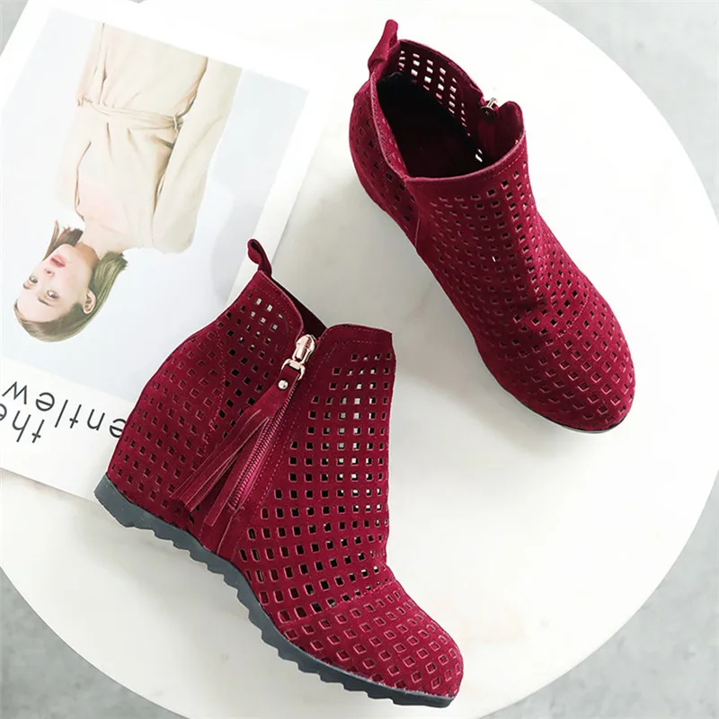 2023 New Women Summer Boots Flat Low Hidden Wedges Cutout Zip Bootas Ladies Dress Casual Shoes Hot Sale Size 34-43 Botas Mujer