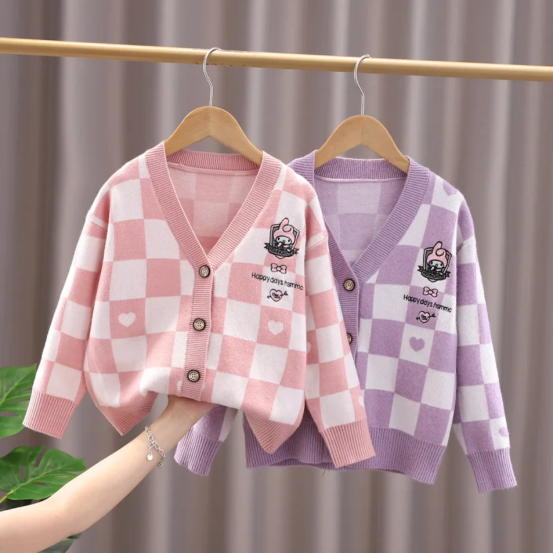 

Sanrio Children My Melody Knitting Sweater Cardigan Anime Figure Spring and Autumn Coat Lattice Girl Cartoon Cute Hot New Style