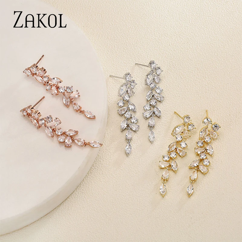 Украшения Женские ukol с фианитами длинные в форме листьев для невесты EP5327