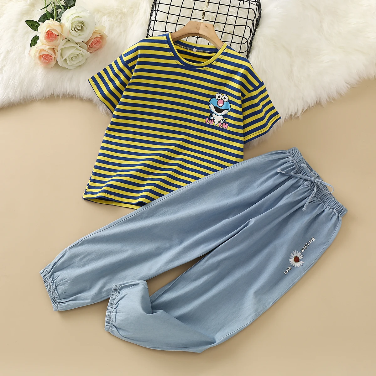 

Summer Suit for Girls Clothing Sets Kids Clothes Striped Short Sleeve T-shirt & Pants Baby Children Costumes 4 6 8 9 10 12 Years