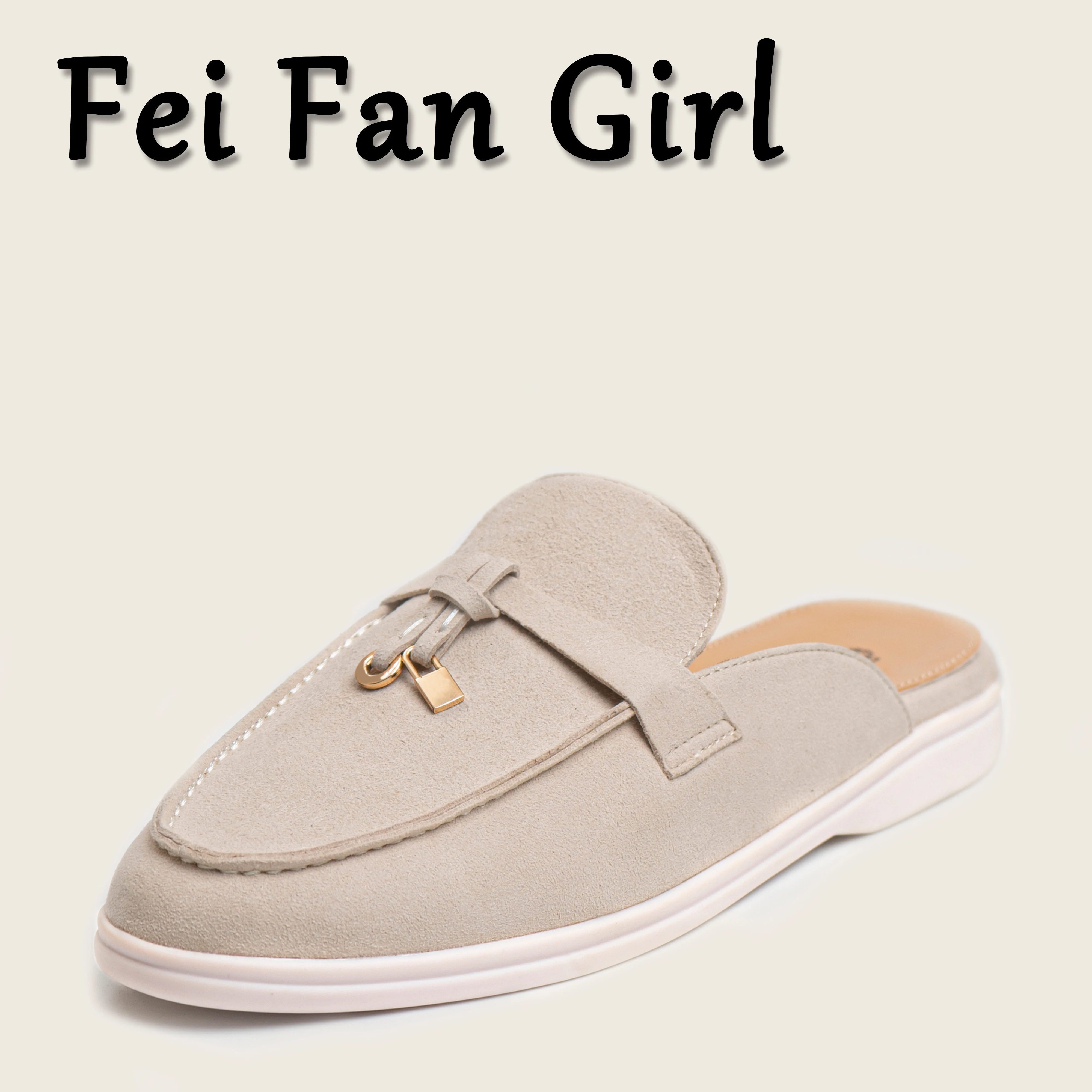 Spring and Autumn Real Leather Bag Head Half Slippers, Women's New Metal Lock Design Loafers Women Flats Shoes Man