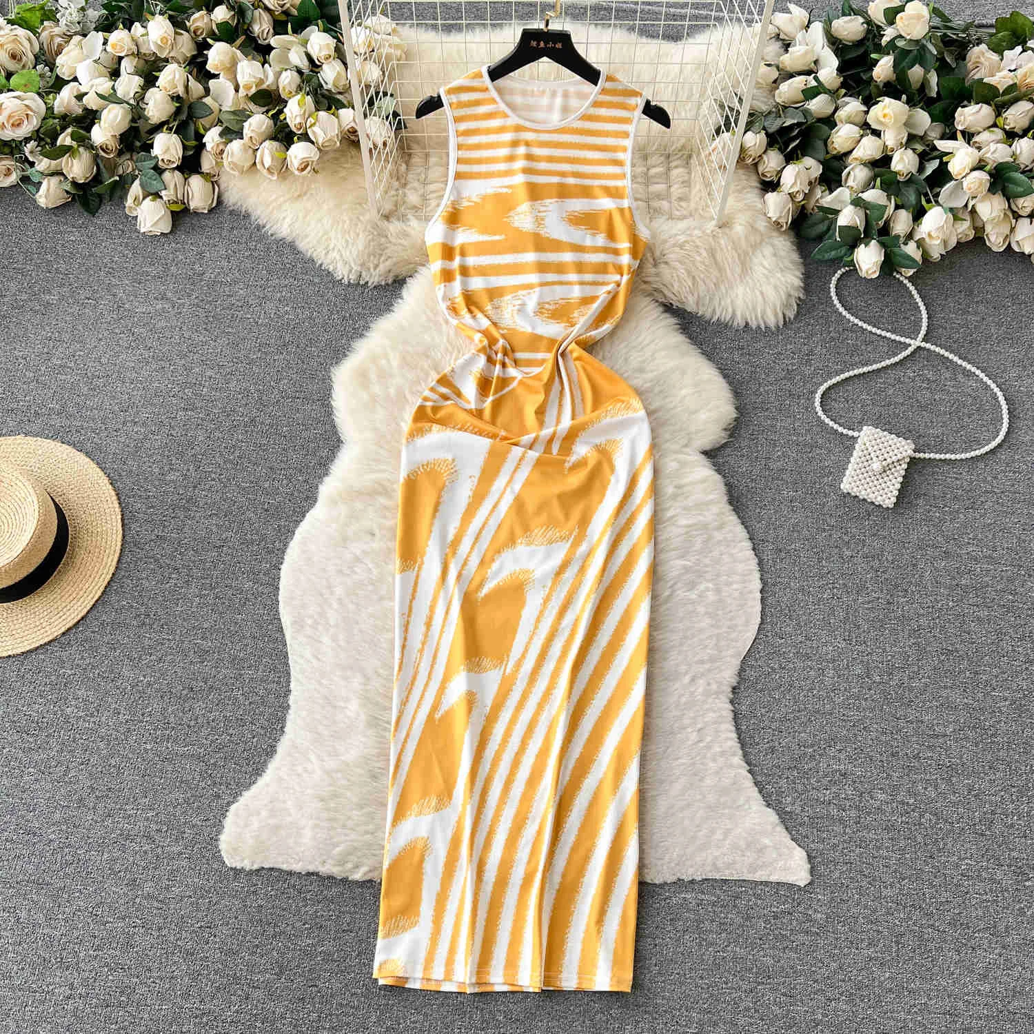 

Летнее женское платье на бретелях, новинка 2023, Шикарное облегающее Клубное платье макси без рукавов с круглым вырезом и принтом в виде краски, уличная одежда