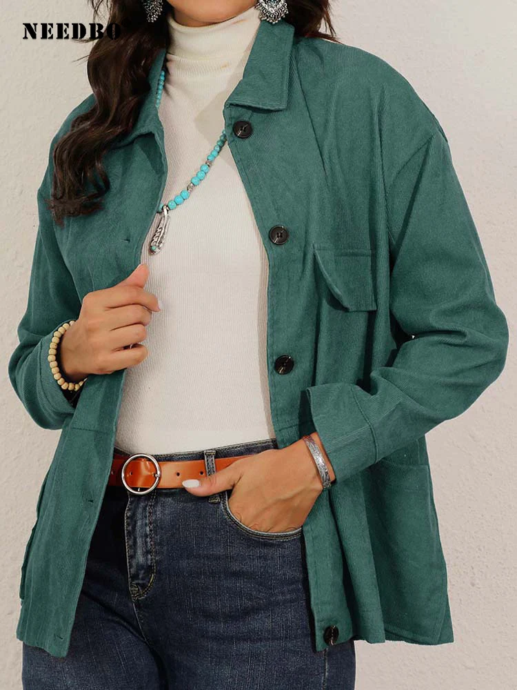 NEEDBO вельветовые осенние куртки с отложным воротником и карманами на пуговицах