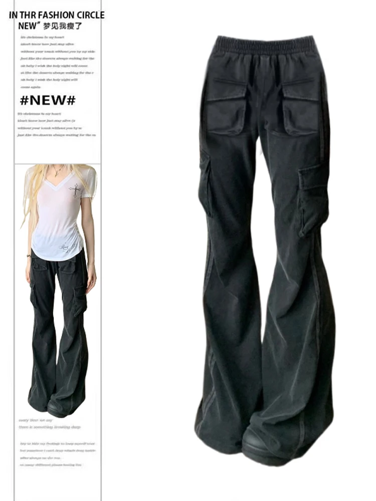 Женские брюки-карго Dark Academia Grunge Gyaru Flare японские Harajuku Y2K с эластичной резинкой на