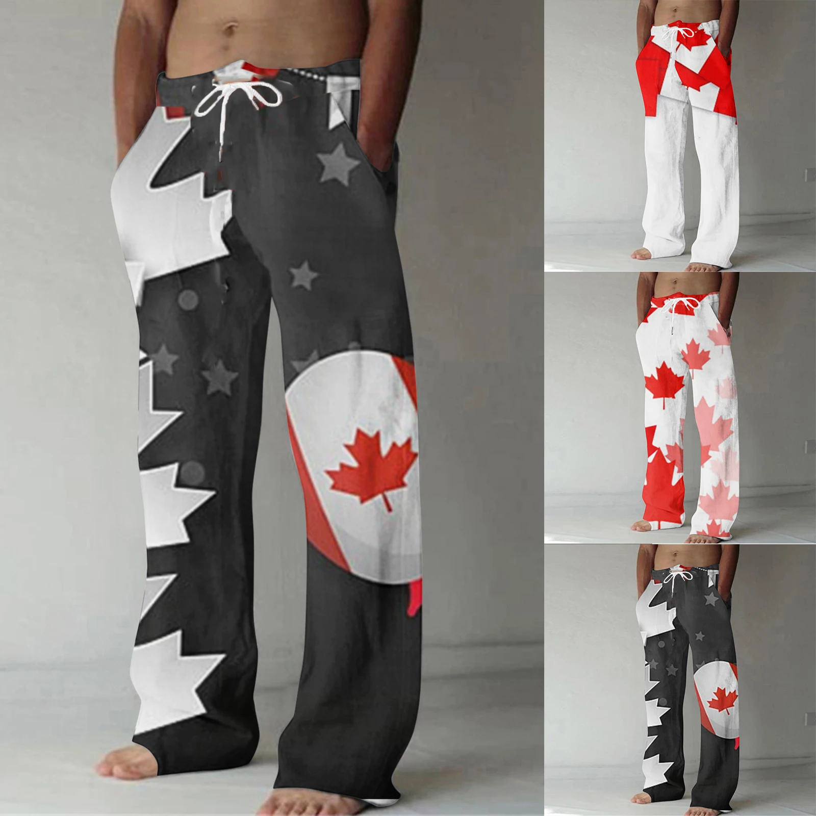 

Male Summer Breathable Linen Like Trousers All Print Printed Tether Wide Leg Pants Casual Tie