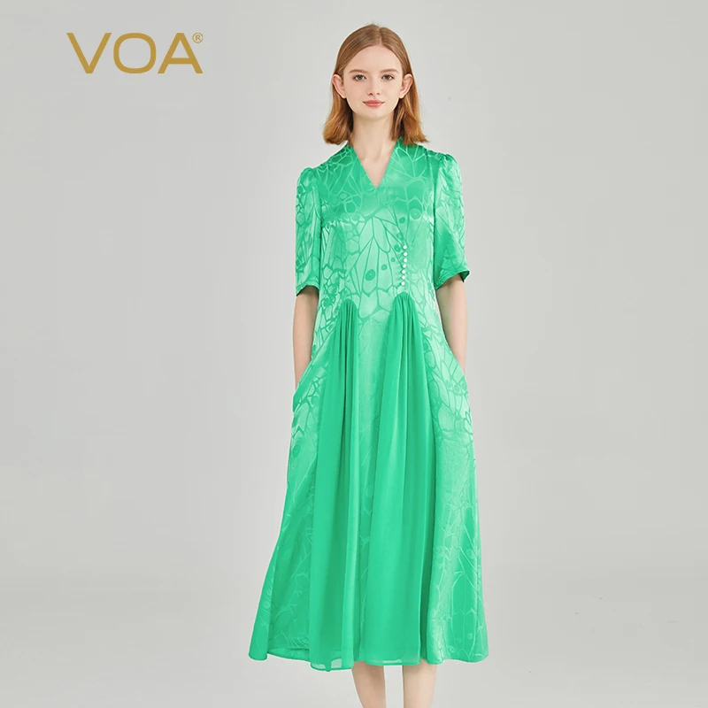 VOA 21 Momme Jacquard Silk V-Neck Bubble Short Sleeve Dress Women Waist Wrapped Emerald Green Silk Summer Party Dress AE2132