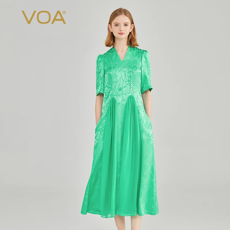 

VOA 21 Momme Jacquard Silk V-Neck Bubble Short Sleeve Dress Women Waist Wrapped Emerald Green Silk Summer Party Dress AE2132