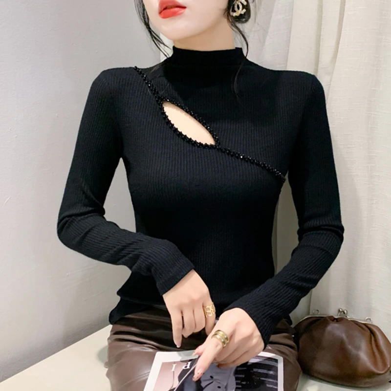 M-3XL Черная водолазка с длинными рукавами женская футболка элегантная тонкая