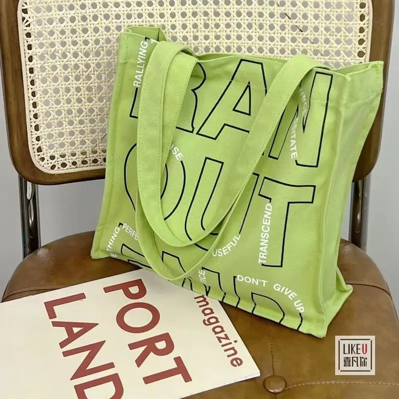 Green Korean Style Ins Spring Green Letter Canvas Shoulder Bag Students Portable Canvas Tote Bag Shopping Bag