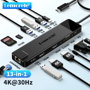 Lemorele TC100 USB C HUB USB 3.0 Docking Station RJ45 Gigabit Ethernet USB Type-C to Dual HDMI VGA For Macbook Air Pro iPad Pro