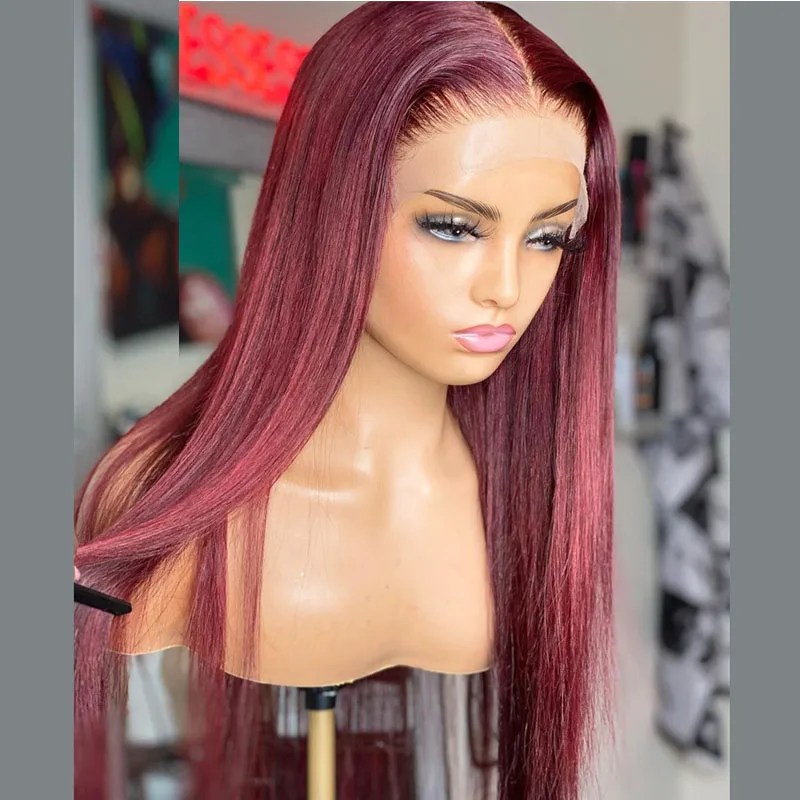 26Inch 180%Density Long Silky Straight Wine Red Natural Hairline Lace Front Wig For Black Women With Baby Hair Heat Temperature