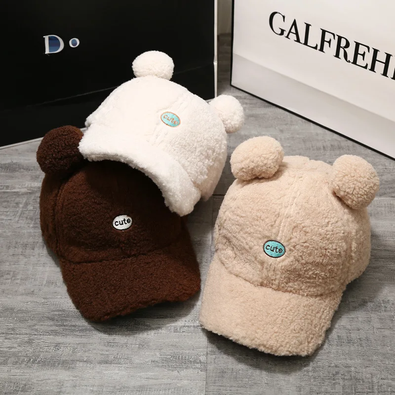 

Winter Cap Wool Thicken Baseball Cap Women Cute Furball Ears Girls Solid Snapback Adjustable Hip-Hop Hat Visor 54-58cm Gifts