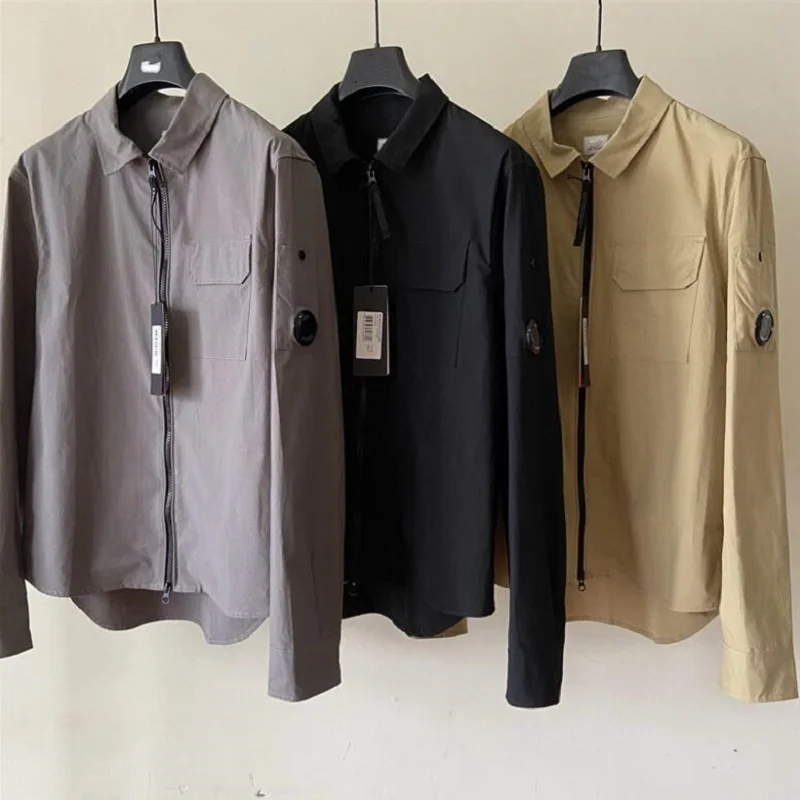 

men t Lens shirts casual male gabardine garment dyed utility shirt long sleeve t-shirts zipper tops size M-XXL black grey k