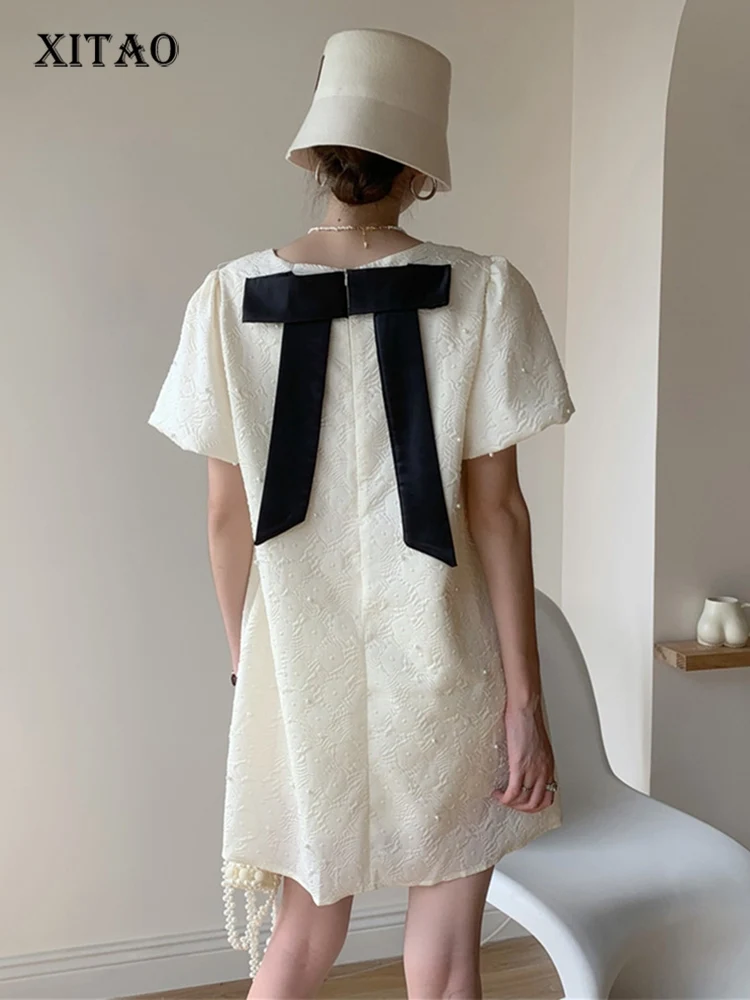 

XITAO Pullover Dress Bow Small Fresh Solid Color Print Pattern Goddess Fan Casual Style 2022 Summer Loose Dress WMD6737