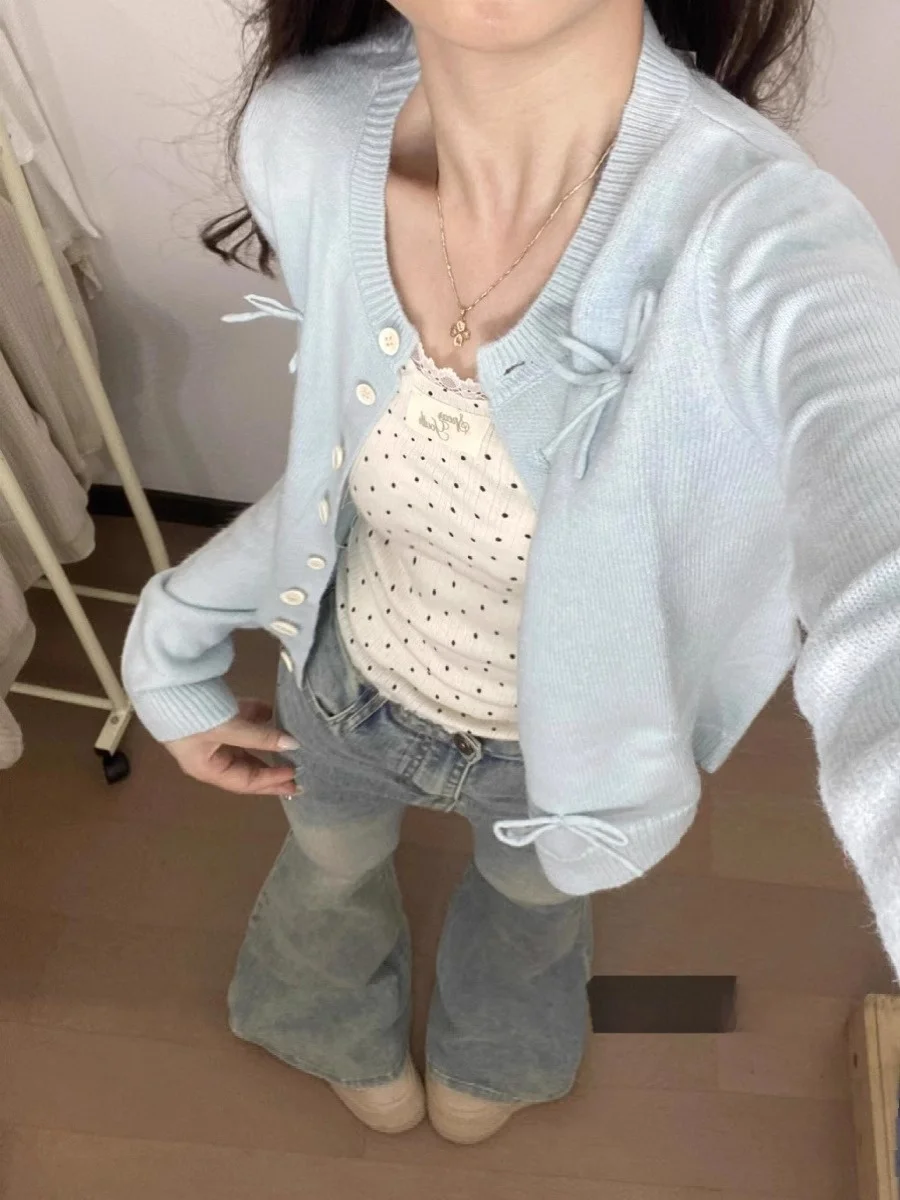 Mela Blue Wear Ballet Sle Вязаный кардиган Свитер с бантом Женский зимний милый свитер для