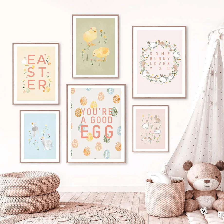

Bunny Carrot Chick Egg Sheep Bird Flower Nursery Wall Art Canvas Painting Nordic Poster And Prints Wall Pictures Kids Room Decor