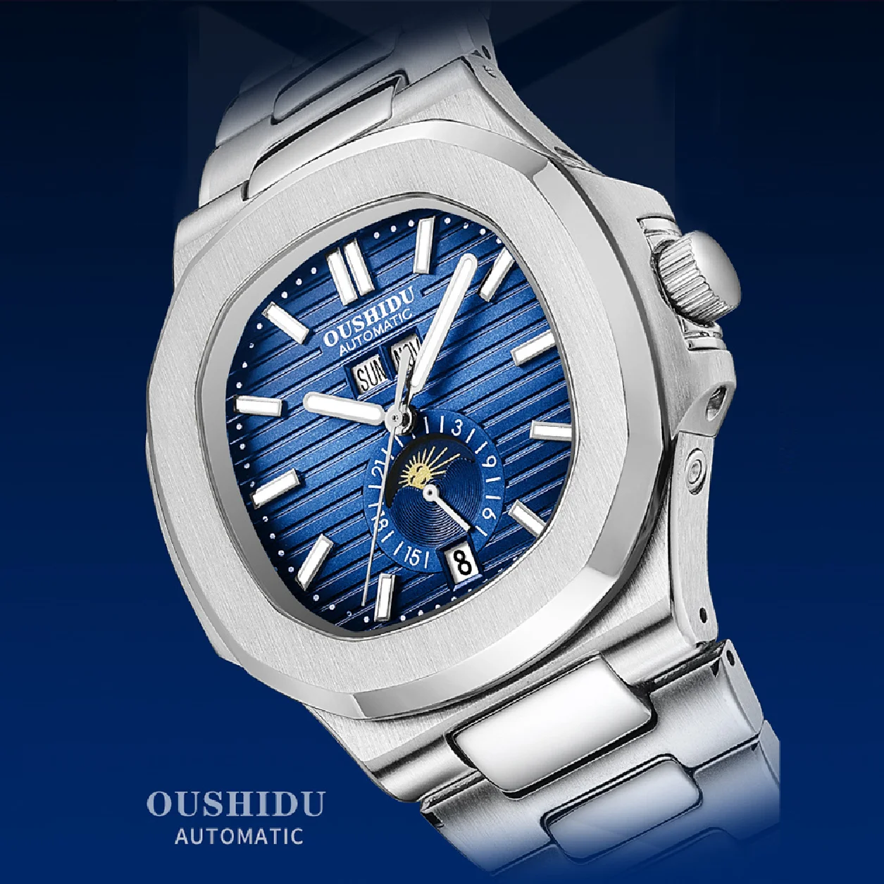 

Часы наручные мужские автоматические, брендовые роскошные механические полностью стальные водонепроницаемые светящиеся с Лунной фазой, с ...