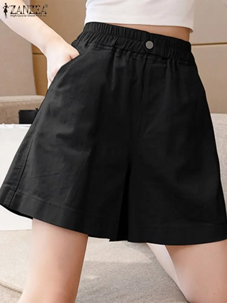 

ZANZEA Fashion Overalls Shorts Women Summer Pants Casual Elastic High Waist Trousers Female Solid Pantalon Palazzo Oversized