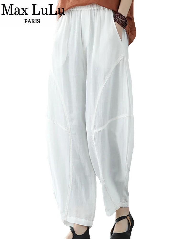 

Max LuLu Лето 2022 Роскошная Одежда в Корейском стиле женские льняные шаровары Повседневные белые женские хлопковые брюки стрейч уличная одежда
