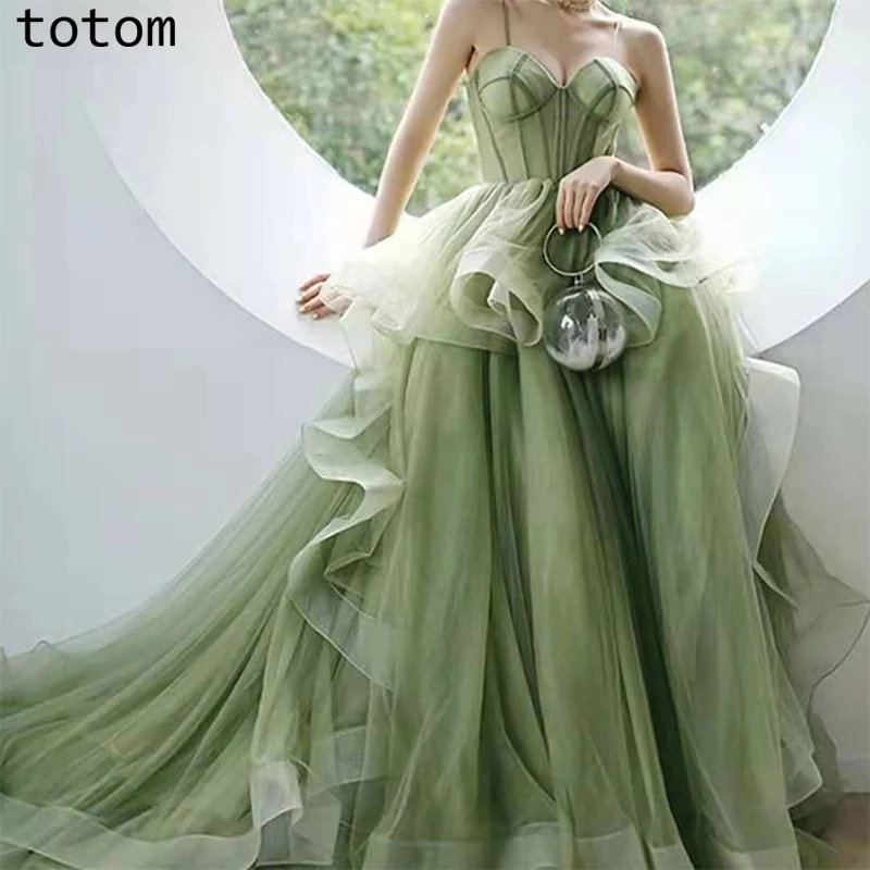 

Long A-Line Skirt Prom Dress Ruffle Tight Fishbone Corset Spaghetti Straps Sleek Back Tulle Formal Party Dress Customizable