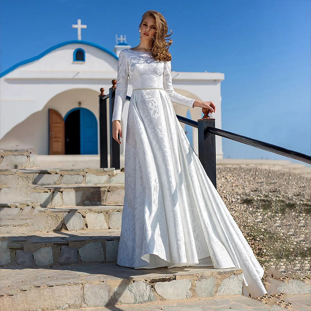 

UETEEY A-Line Wedding Dress Sweep Train Boat Neck Long Sleeves With Lace Wedding Gowns 2022 Vestido De Noiva