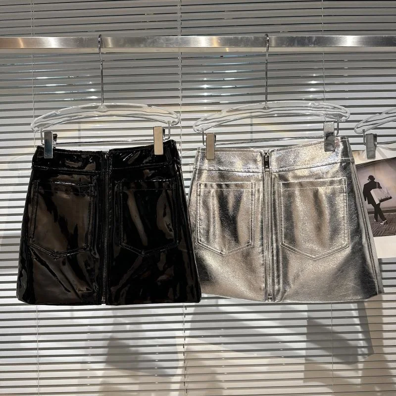 

PREPOMP 2023 Spring New Arrival Double Big Pockets Zipper Bright Pu Slim Short Bodycon Skirt Women GH241