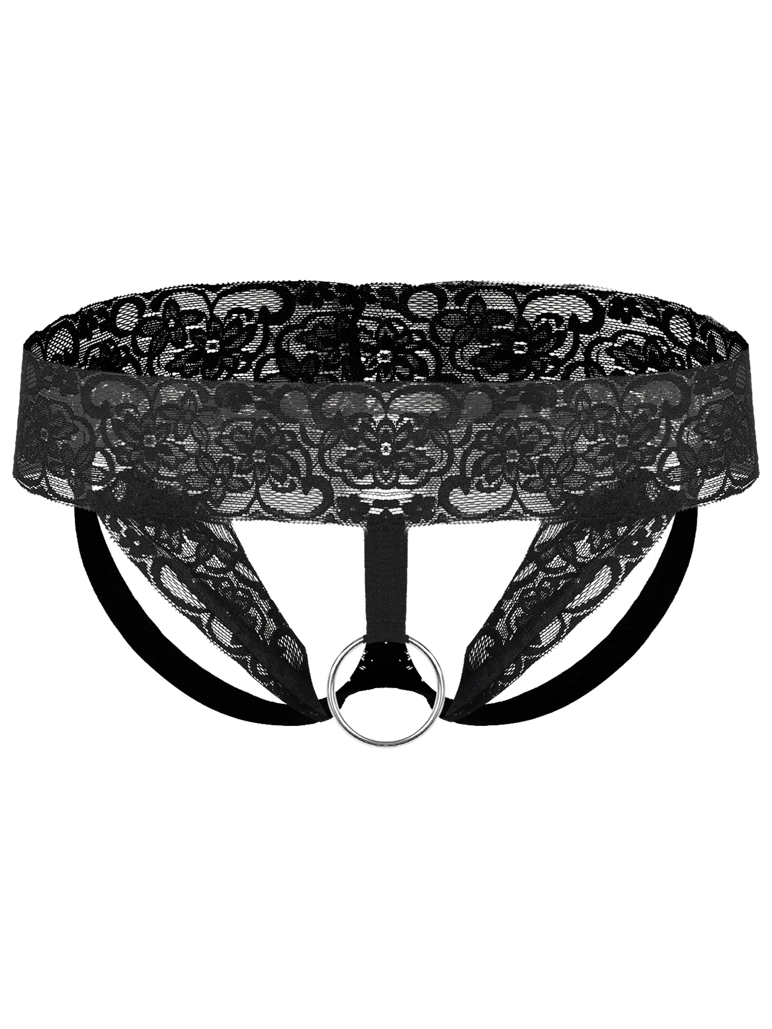 

Black Men Breathable Lace/Faux Leather Low Rise Thong O Ring Crotchless/Bulge Pouch G-string T-back Underwear Valentine Day Gift