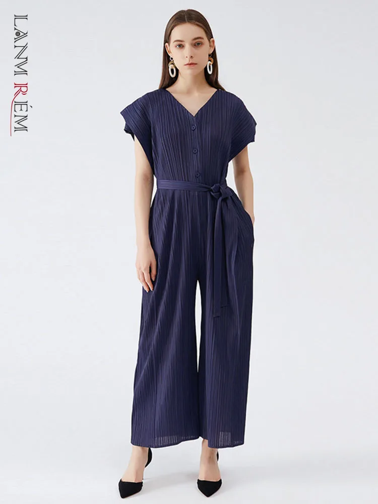 

LANMREM 2022 летний Свободный комбинезон для женщин с v-образным вырезом и коротким рукавом, свободный тонкий комбинезон с высокой талией и широк...