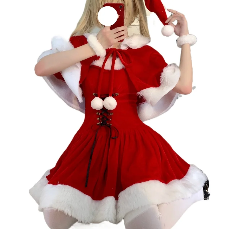 

Autumn Winter Cute Christmas Red Shawl Dress Women Sweet Plush Patchwork Drawstring Party Mini Dress Female Kawaii Cloak Vestido