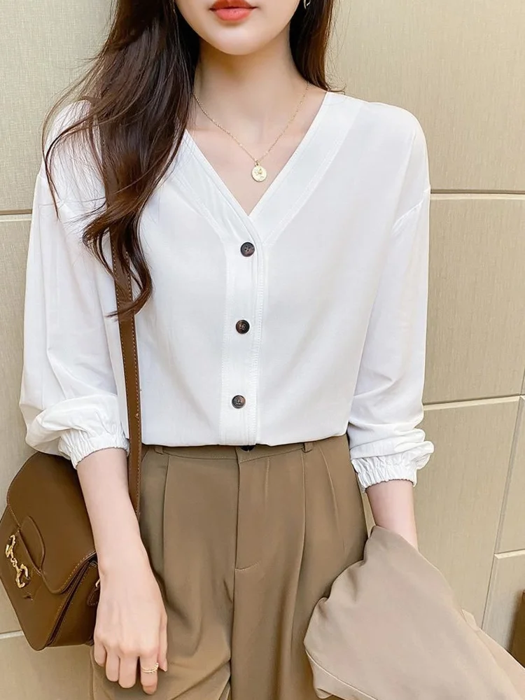 

Белая рубашка с V-образным вырезом, женские повседневные топы высокого качества, весенние свободные блузки с длинным рукавом, Женские однотонные корейские мягкие Блузы