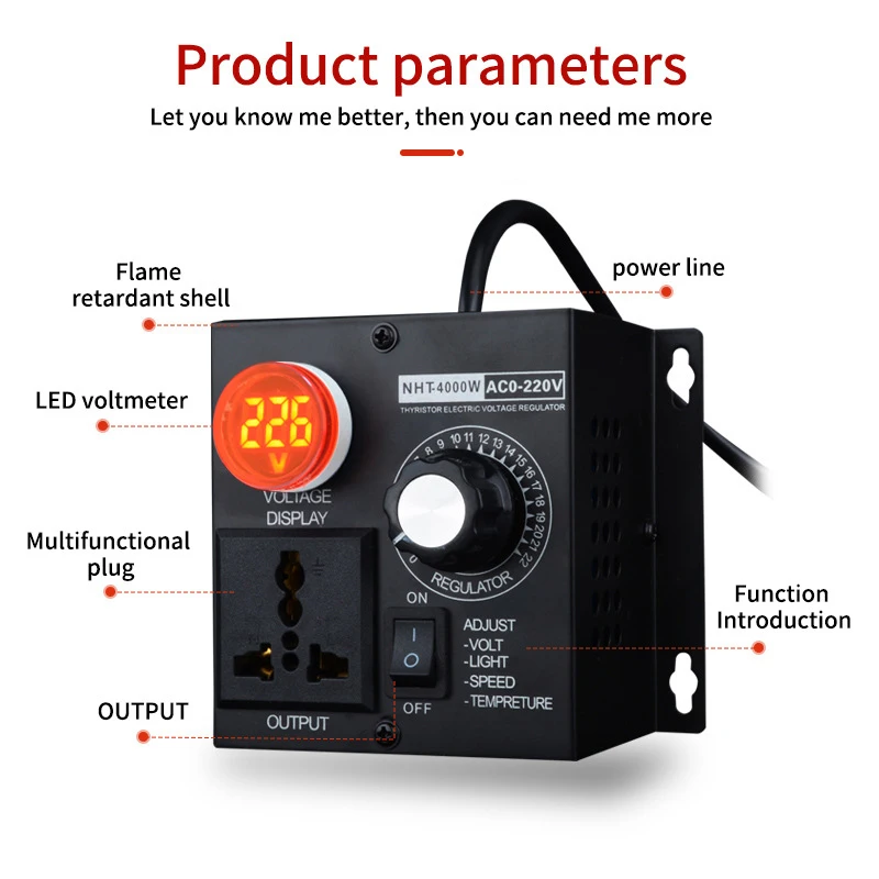 

Motor Speed Controller 4000W Voltage Regulator Portable Temperature Speed Adjustable Voltmeter Temperature Indicator