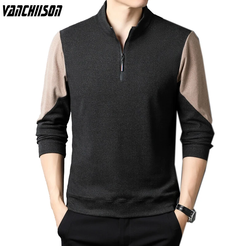 

Men Long Sleeve T Shirt Tops Pullover for Spring Autumn Patchwork Contrast Fashion Zipper Turndown Collar Male Casual 00131033