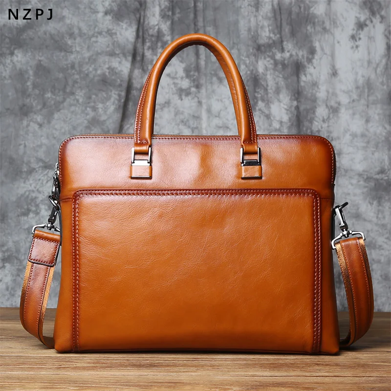 

Vintage Genuine Leather Men's Briefcase Natural Cowhide Horizontal Handbag Business Crossbody Bag Casual Computer Bag