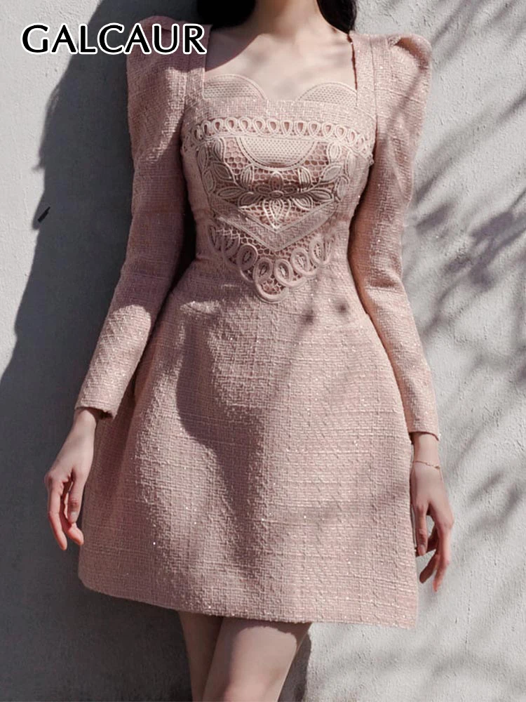 

GALCAUR Solid Temperament Dress Female Square Collar Long Sleeve Patchwork Embroidery Loose Waist Mini Dresses For Women Style