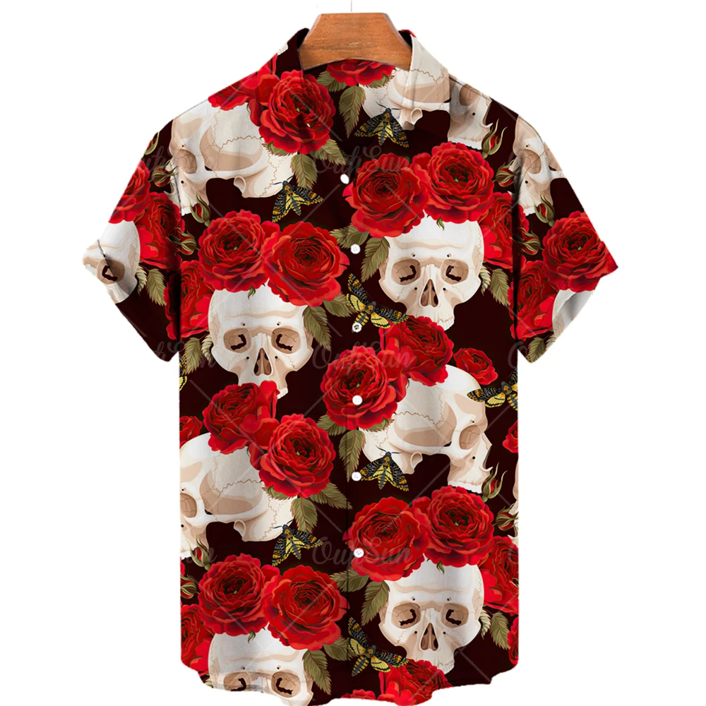 

2022 Fashion Casual Shirts Men Women Skull Print Hawaiian Shirts Single Breasted Short Sleeve Summer Tops 5xl