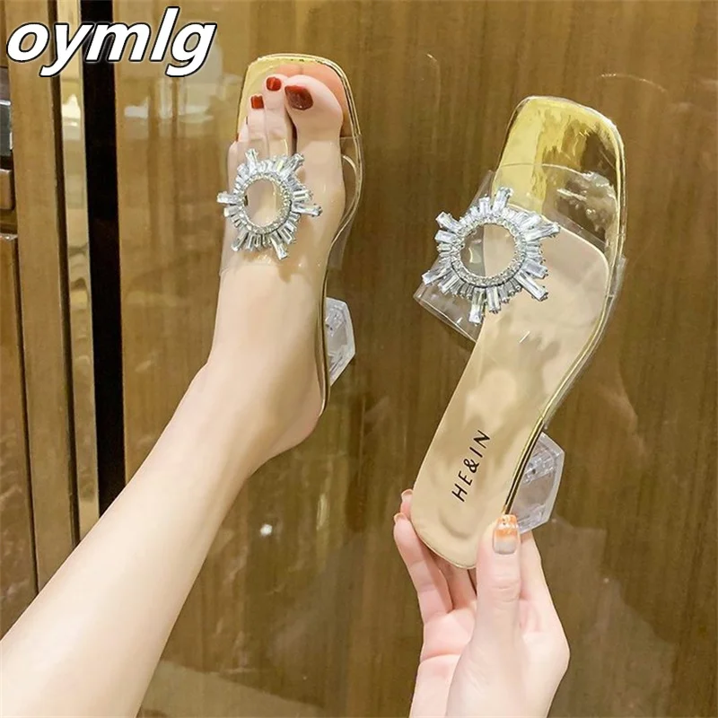

2022 large size transparent high heels women's square head fairy feng shui diamond sexy crystal sandals women's heels pumps
