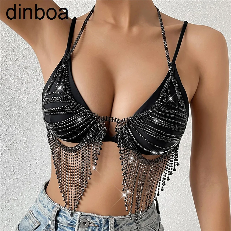 

Пикантный жилет Dinboa с кристаллами, женский укороченный топ, женское нижнее белье с цепочкой, женские майки, бюстгальтер с кристаллами